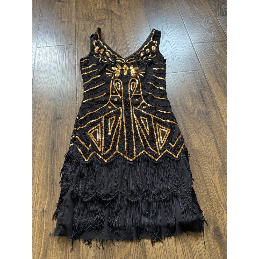 Babeyond Black Gold Sequin Flapper Dress Art Deco Fringe Gatsby Party Medium